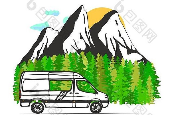 背景为森林和山脉的白色货车。生活，露营，旅行。插图