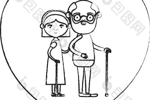 一张心形贺卡模糊的剪影，上面画着全身的漫画，这对老年夫妇用手杖拥抱着祖父，用蝴蝶结花边和直发拥抱着祖母