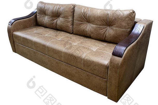 现代三倍舒适的棕色（的）织物沙发木衬里扶手白色背景