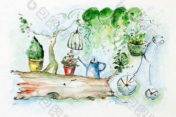 绿色弹簧阳光明媚的一天生活概念水彩手工制作的画插图