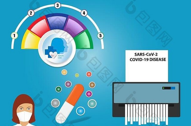 冠状病毒信息图显示医生带着医用口罩，五个彩色半圆空白标签，可供文本、胶囊和碎纸机使用。