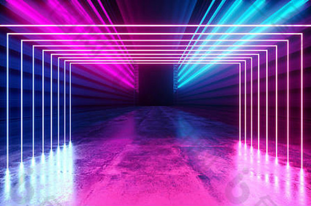 未来霓虹灯暗舞台结构辉光紫蓝色复古现代科幻未来隧道走廊走廊垃圾混凝土反射形状荧光灯