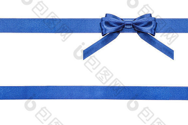 蓝色的缎弓上角落里水平丝带孤立的水平白色背景
