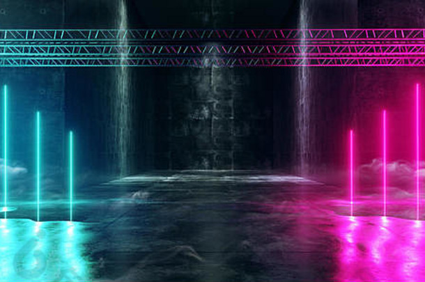 舞台结构舞蹈霓虹灯发光垂直形科幻未来俱乐部舞蹈复古外星人飞船走廊隧道紫蓝色瓷砖反光
