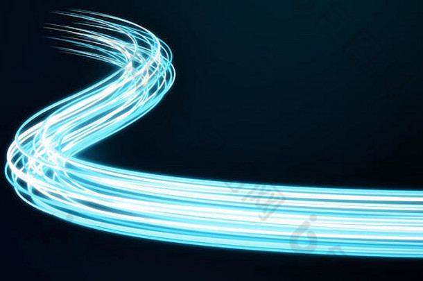 摘要未来主义的动态青色霓虹灯流数字数据流行权力光学光电缆连接信息转移技术