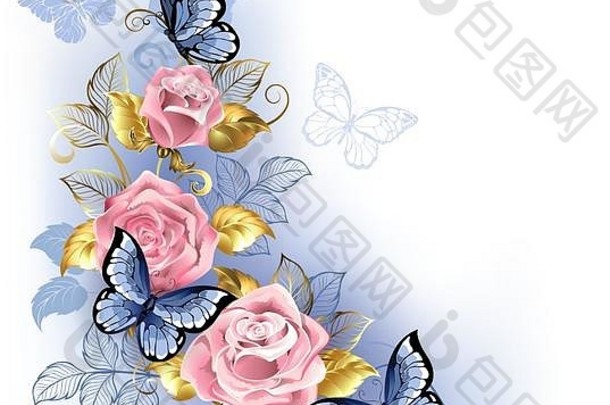 粉红色的玫瑰蓝色的黄金叶子蓝色的蝴蝶坐着白色背景玫瑰石英宁静
