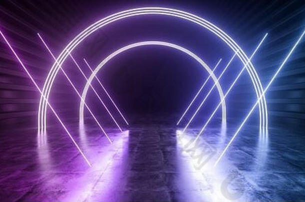sci激光霓虹灯圆弧网络虚拟外星人宇宙飞船紫色的蓝色的未来主义的隧道走廊大厅混凝土金属宇宙现代展厅使得