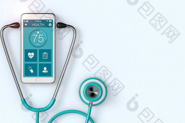 听诊器和带有医疗应用程序copyspace（3d渲染）的智能手机