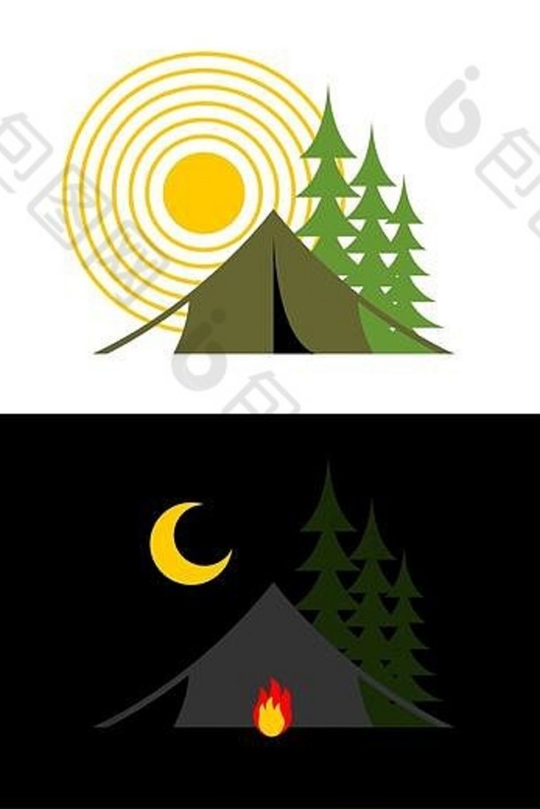 日夜露营。有帐篷和森林的景观。营地住宿。太阳和月亮。摊位失火