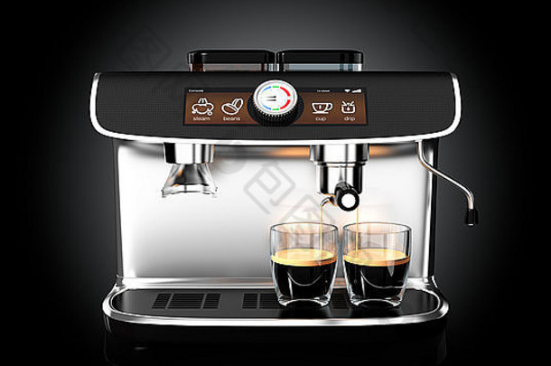 两杯煮浓咖啡的时尚咖啡机。具有剪裁路径的原始设计。