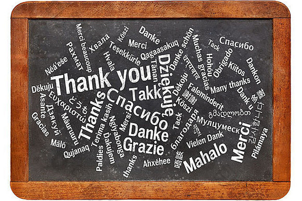用不同的语言感谢你-老式板岩黑板上的单词云