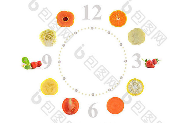 白色背景上的水果和蔬菜时钟