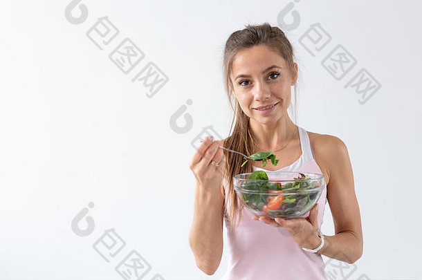 人食物饮食概念肖像女人吃健康的食物白色背景复制空间