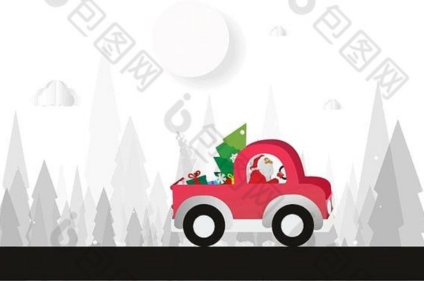 圣诞快乐设计卡，圣诞老人在雪山上驾驶红色汽车