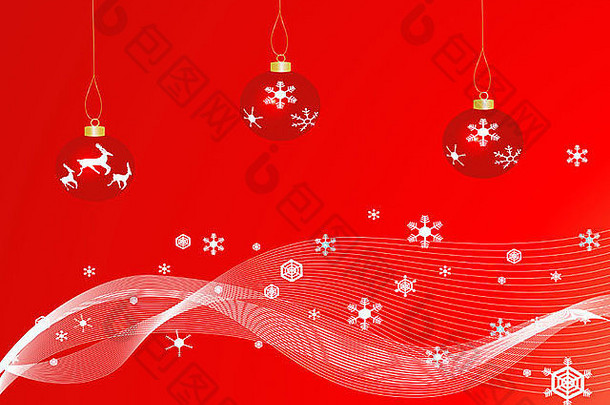 红色的圣诞饰品衬着红色的背景和雪花
