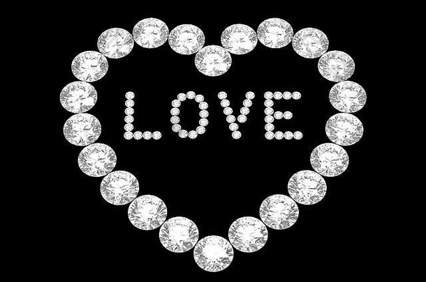 带“爱”字的钻石之心，黑色3D渲染