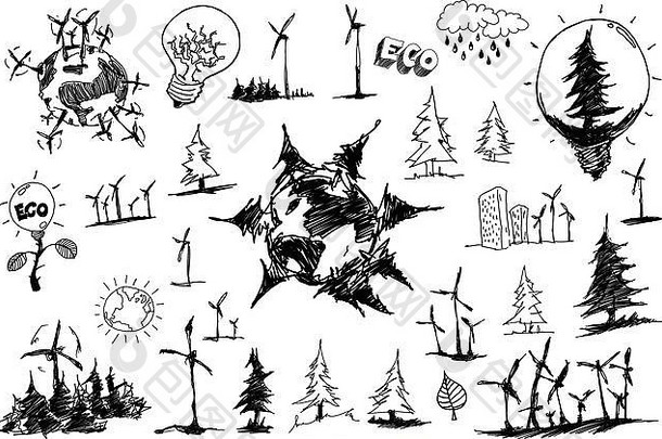 手画草图主题自然环境生态树风能源