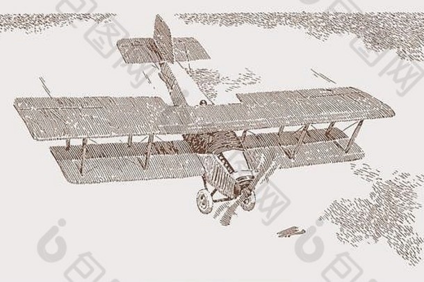 历史双翼飞机前视图飞行水表面插图光刻技术早期世纪