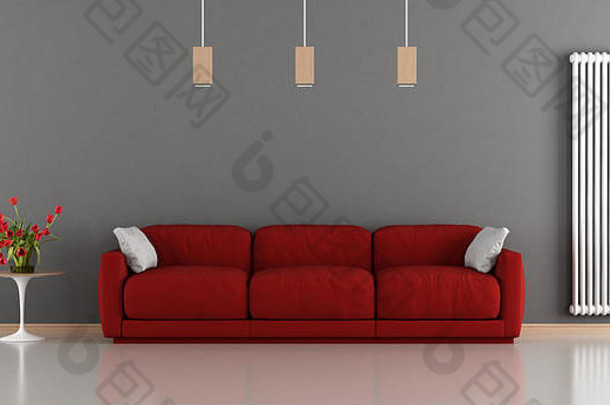 红色的灰色的现代生活房间沙发咖啡表格散热器墙呈现