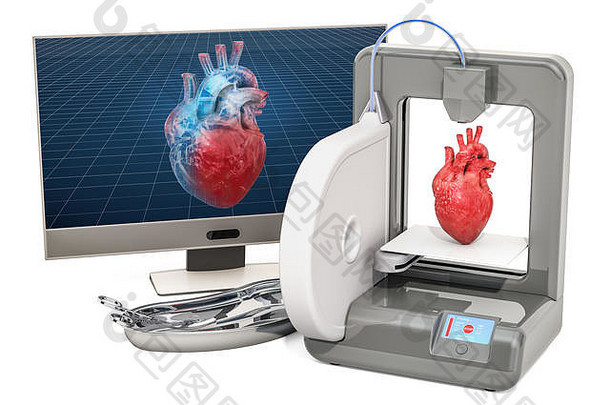 在三维打印机上创建人工心脏，医学概念中的三维打印。隔离在白色背景上的三维渲染