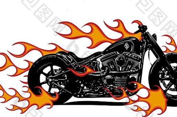 剧烈燃烧的摩托车被猛烈的橙色火焰和爆炸的火花吞没