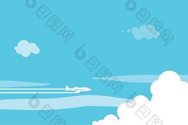 喷气式飞机飞越多云的蓝天。用作页面顶部的标题图像