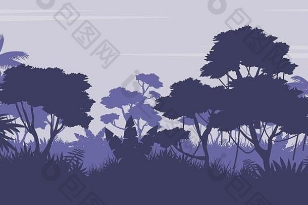 紫色背景上的森林剪影