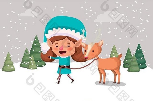 可爱的女孩圣诞老人助手驯鹿雪景
