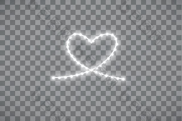 在透明背景上，以心脏形状的发光LED条带的形式跟踪。情人节。心上刻着我爱你