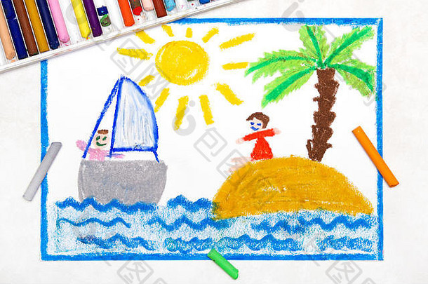 彩色绘画：假日，女孩在岛上休息，男孩在船上