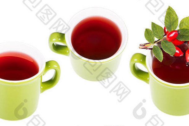 绿色杯子热药用茶玫瑰臀部红色的玫瑰果喝装饰布瑞尔·罗嫩枝孤立的白色背景