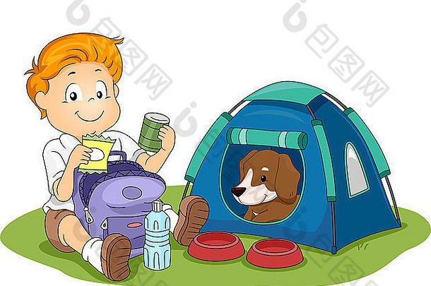 一个孩子和他的宠物狗露营的插图