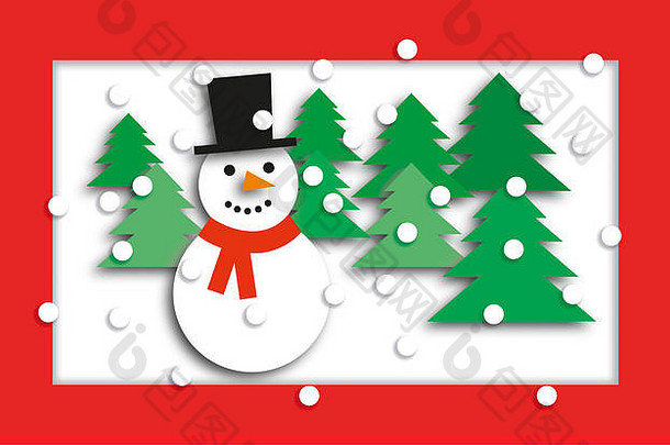 带有雪人、圣诞树和雪花的圣诞卡，具有宽红色边框和阴影或剪切效果。