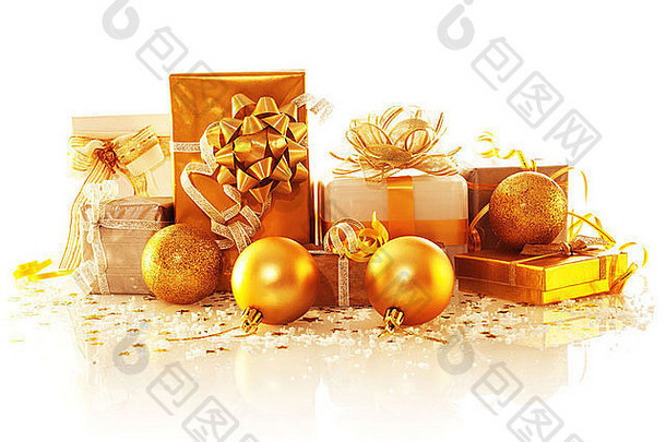 图像金礼物盒子孤立的白色背景各种礼物装饰圣诞节树玩具工作室拍摄