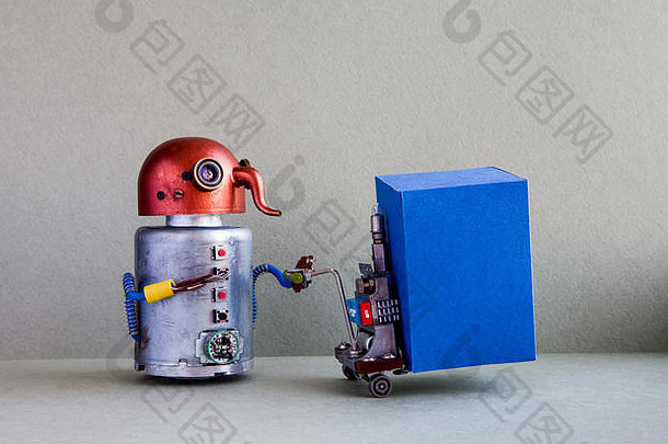 机器人快递移动大蓝色的容器动力托盘杰克叉车车机制灰色的背景机器人物流交付服务概念复制空间