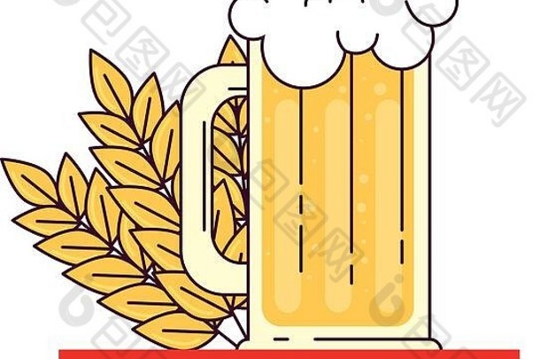 白色背景上饰有穗状物和丝带的啤酒杯