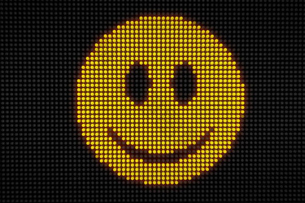 大像素LED显示屏上的表情笑脸。灯泡上明亮的快乐表情图标样式化显示3D插图。