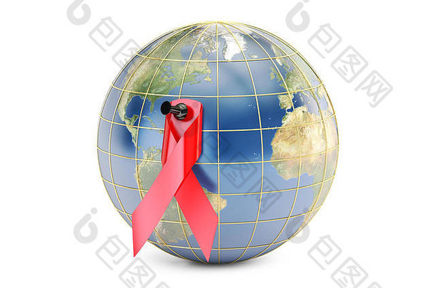 艾滋病毒艾滋病意识<strong>红色</strong>的丝带地球呈现孤立的白色背景