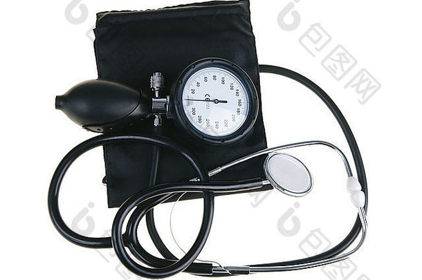 黑色的血压计听诊器孤立的白色背景剪裁路径