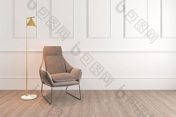 使用棕色扶手椅和金灯三维渲染室内设计空间