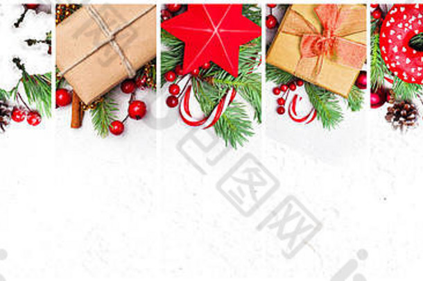 圣诞节集作文绿色圣诞节冷杉分支礼物盒子红色的冬青浆果装饰物白色粉刷纹理背景