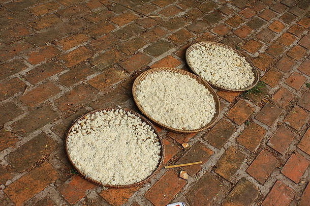 老挝，在阳光下用三块烤箱板烘干<strong>大米</strong>。