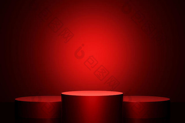 红色背景的圆形讲台。三维渲染
