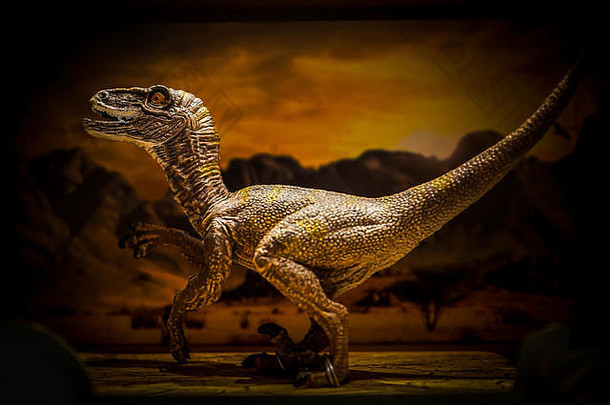 显示情况下现实的恐龙塑料玩具盒子架子上低关键黑暗光