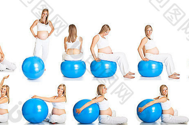 怀孕了女人健身拼贴画孤立的白色