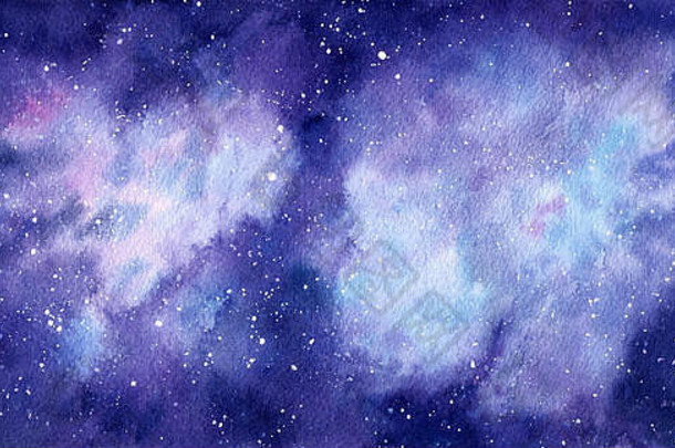 空间水彩手画背景摘要星系绘画水彩宇宙纹理星星晚上天空