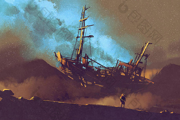 沙漠上弃船夜景星空，插图画