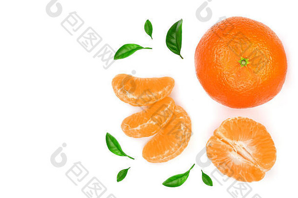 叶子孤立在白色背景上的桔子或橘子。平面布置，俯视图。果实成分