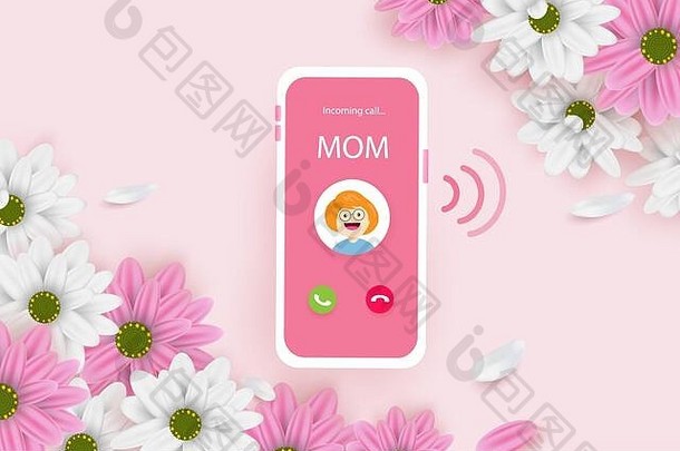 妈妈打来的电话。粉色的母亲节快乐，有真的花朵和智能手机。