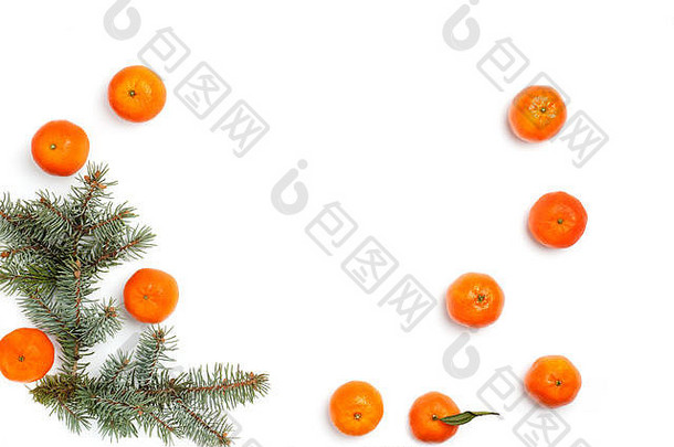 柑桔和冷杉枝的图像。介绍作品或文本的圣诞节背景。漂亮的贺卡，带复印空间的俯视图，